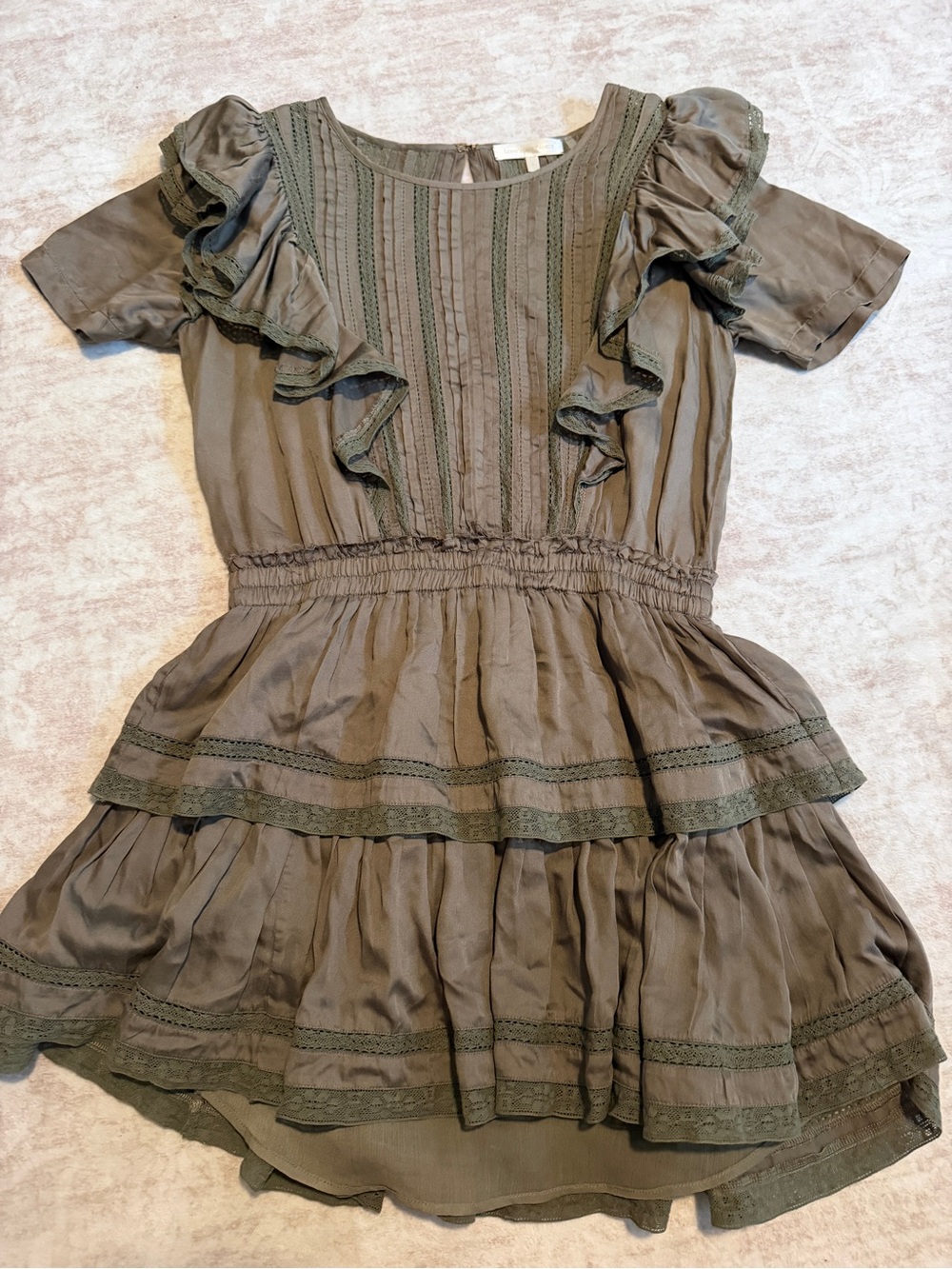 LoveShackFancy Olive Green Ruffle Mini Dress